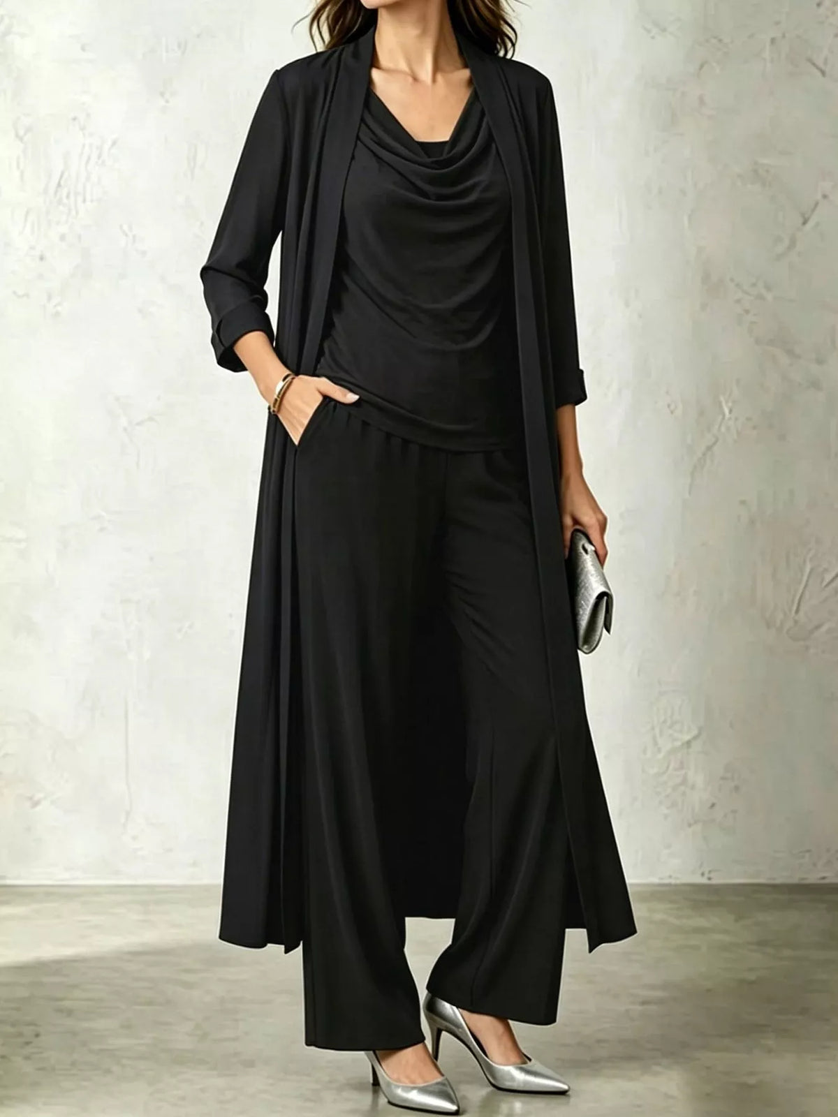 Cowl-Neck Top, Cardigan & Wide-Leg Pants Three-Piece Set