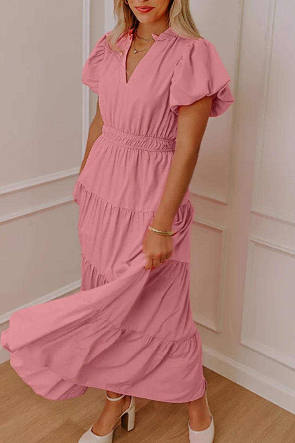 Ruffled Tiered Puff-Sleeve Maxi Dress