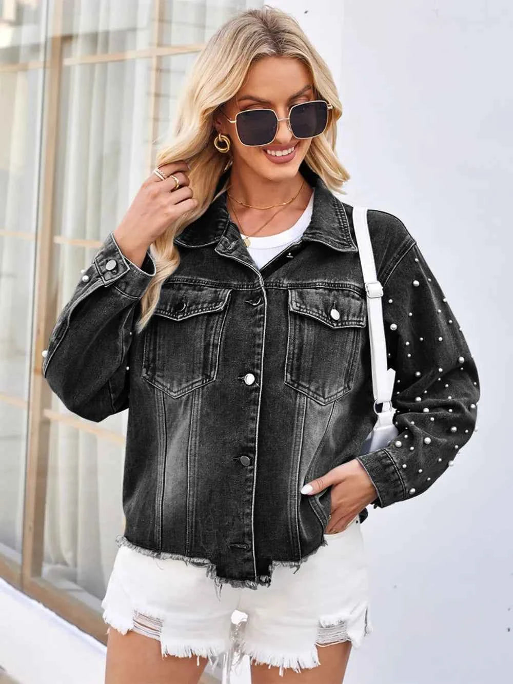 Pearl-Style Trim Raw-Hem Denim-Look Jacket