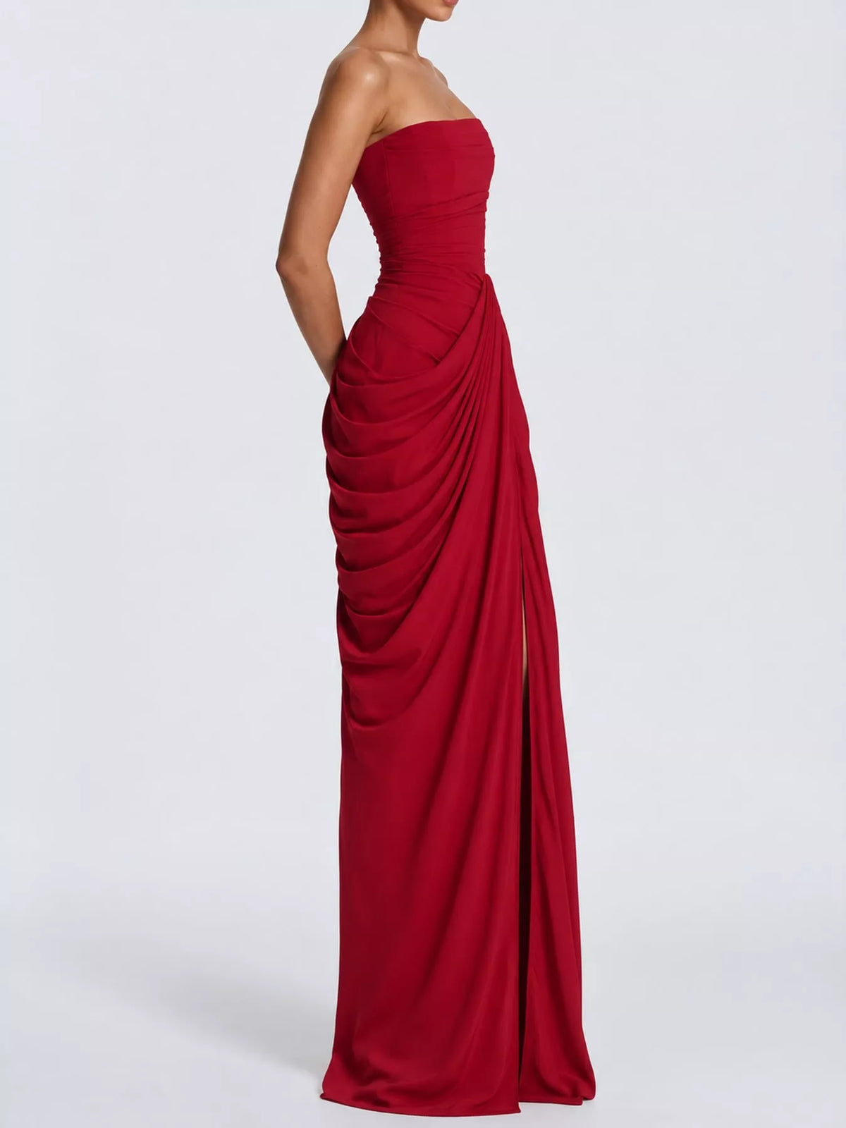 Strapless Ruched High-Slit Evening Dress