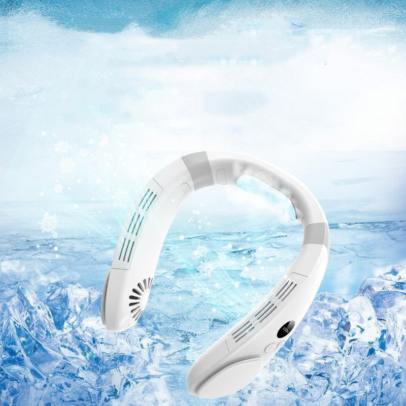 White wearable neck fan showing its curved neckband and side vents against a decorative ice background.