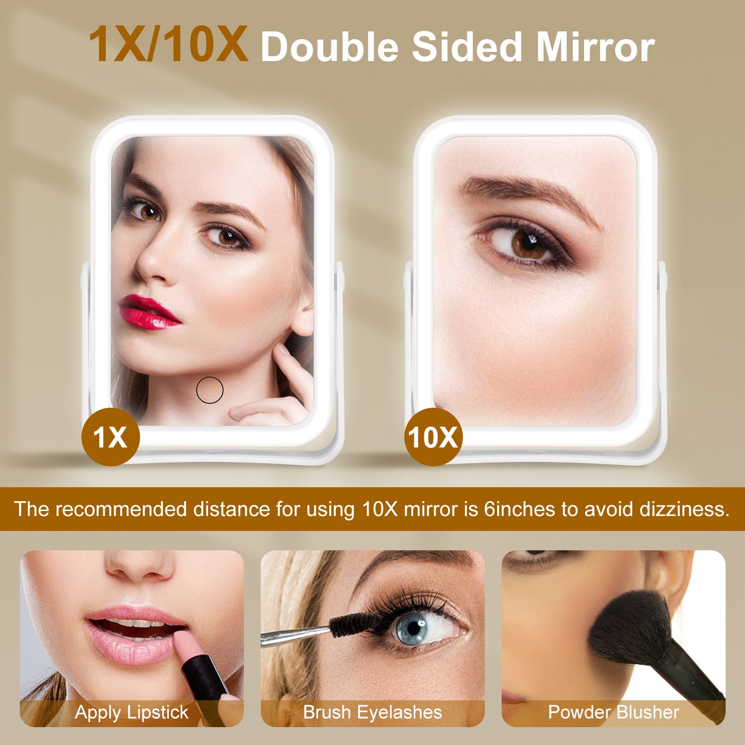10X Magnifying LED Makeup Mirror – Double Sided, 3 Light Colors, Touch Screen, USB Rechargeable | White — Eliza & Tuan