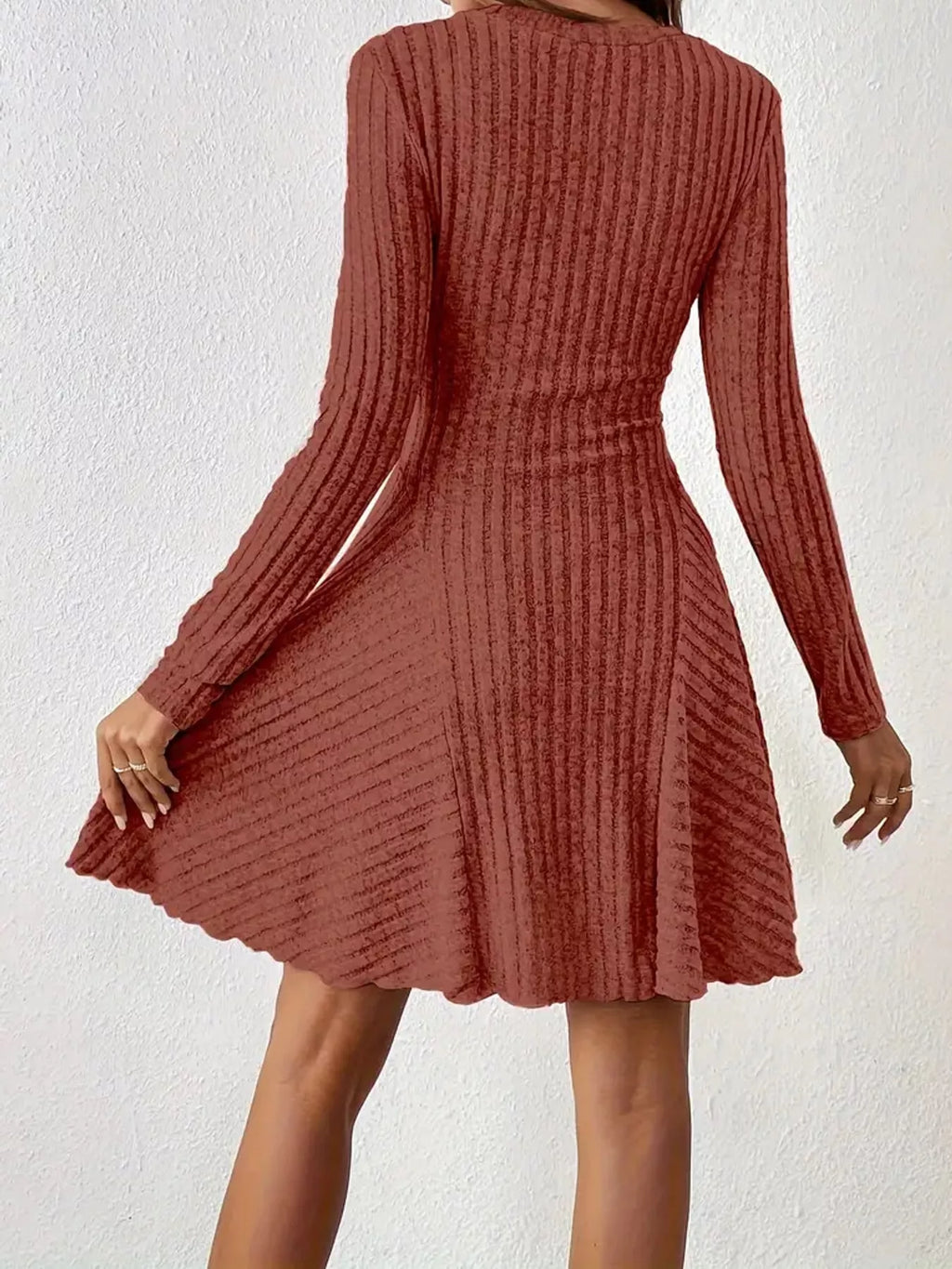 Long-Sleeve Ribbed Knit A-Line Mini Dress