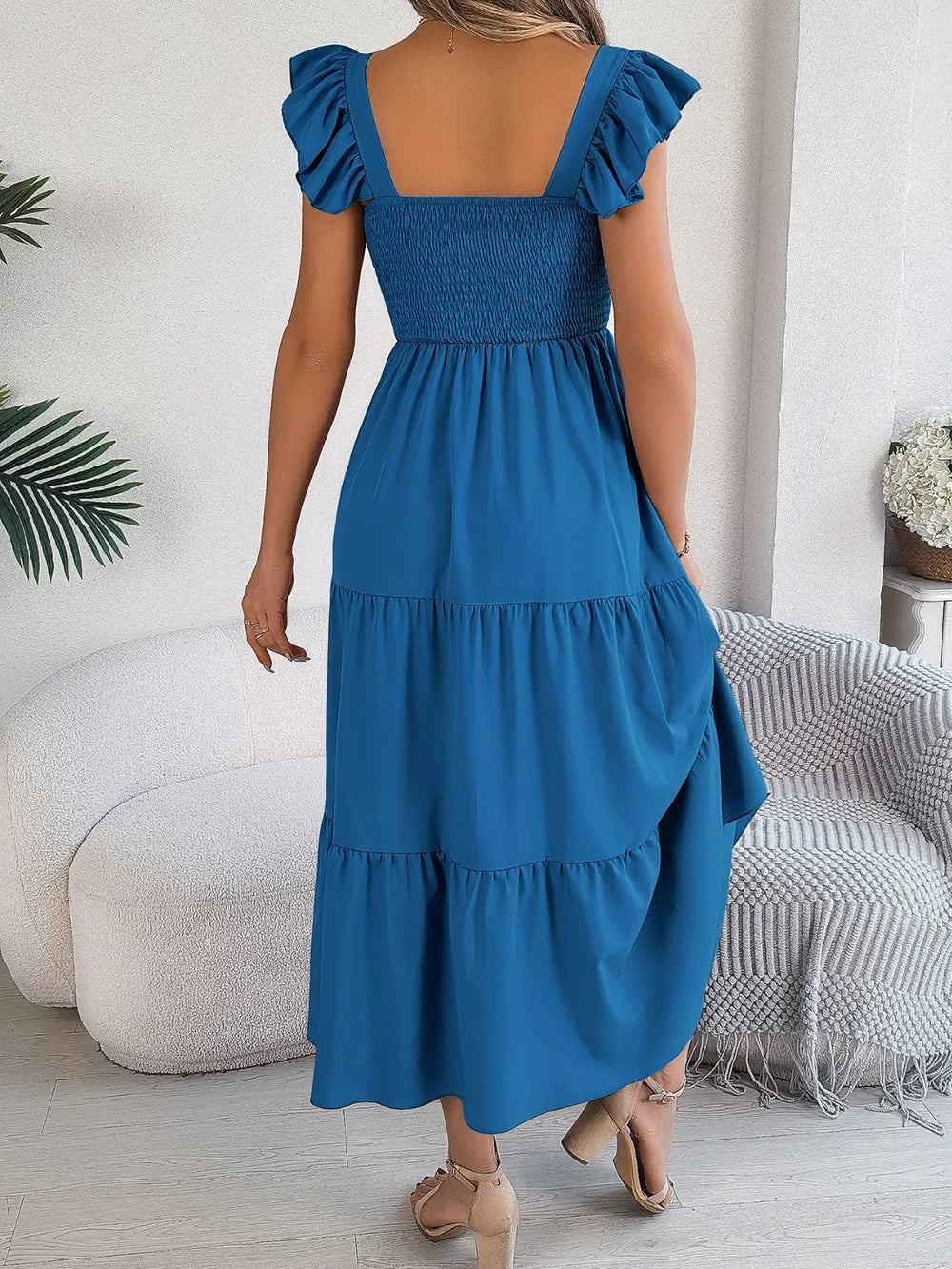 Smocked Square-Neck Cap-Sleeve Midi Dress