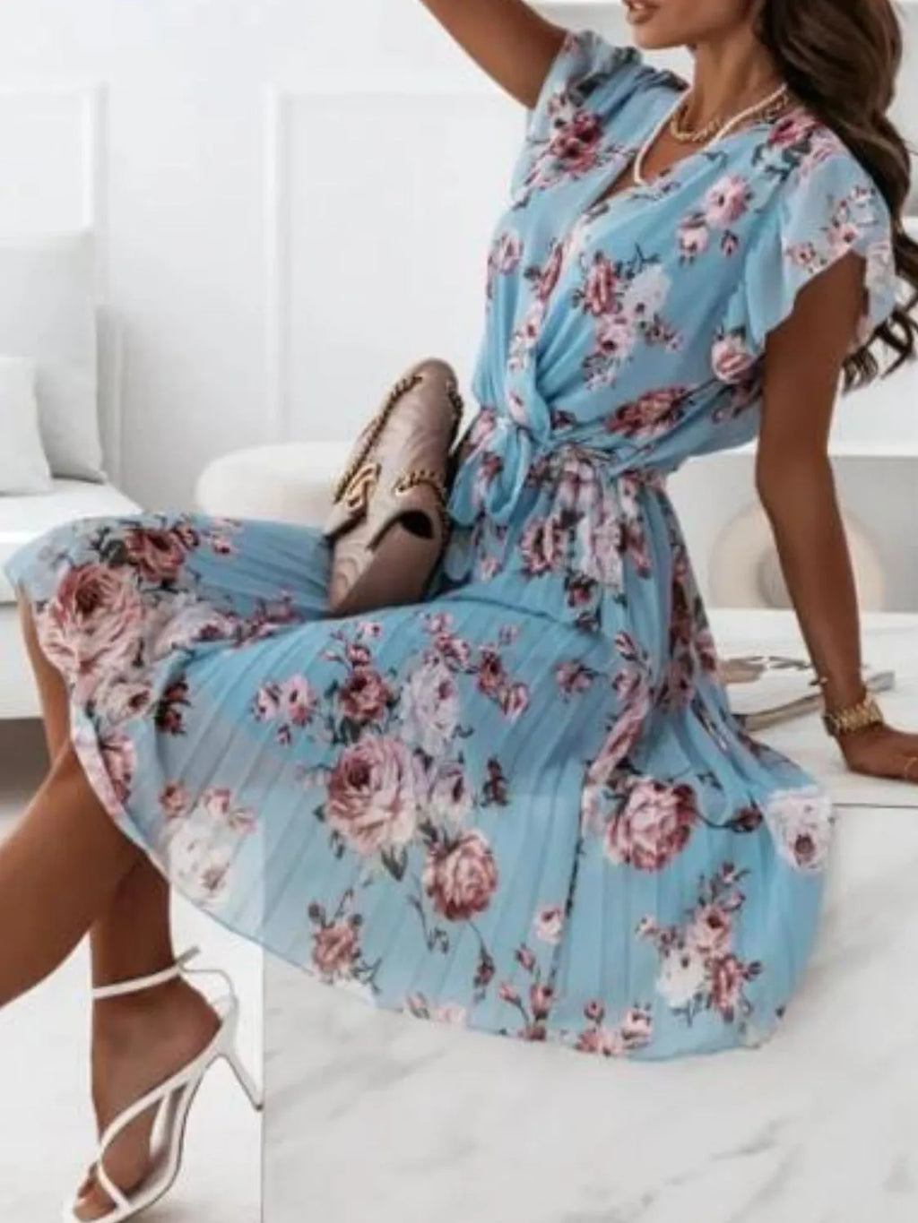 Floral Surplice Tie-Waist Ruffle-Cap-Sleeve Dress