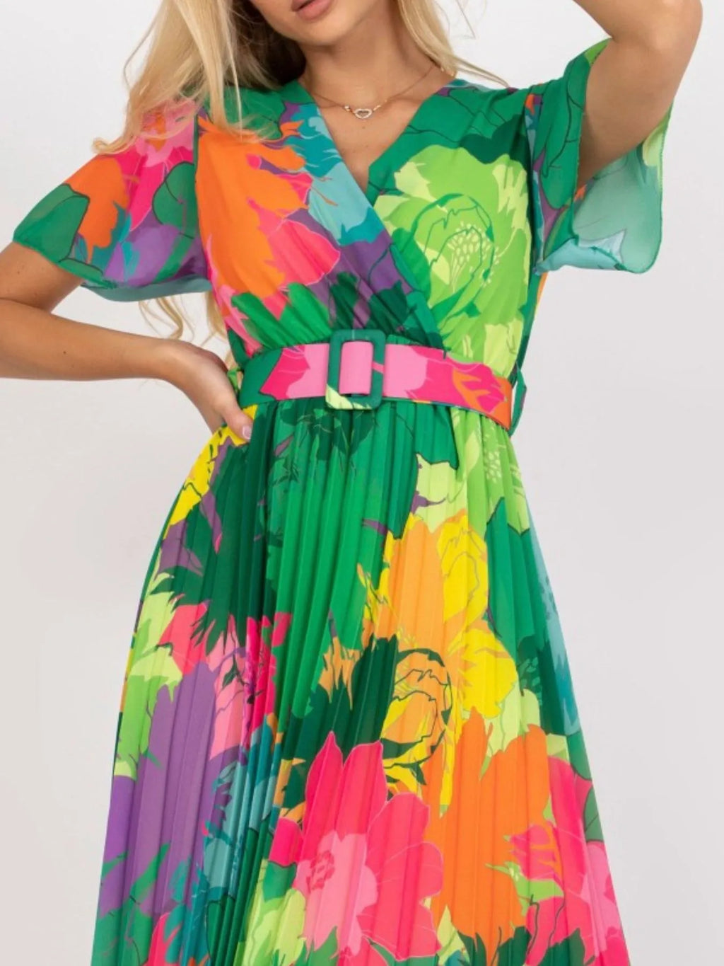 Printed Belted Pleated Wrap-Look Midi Dress