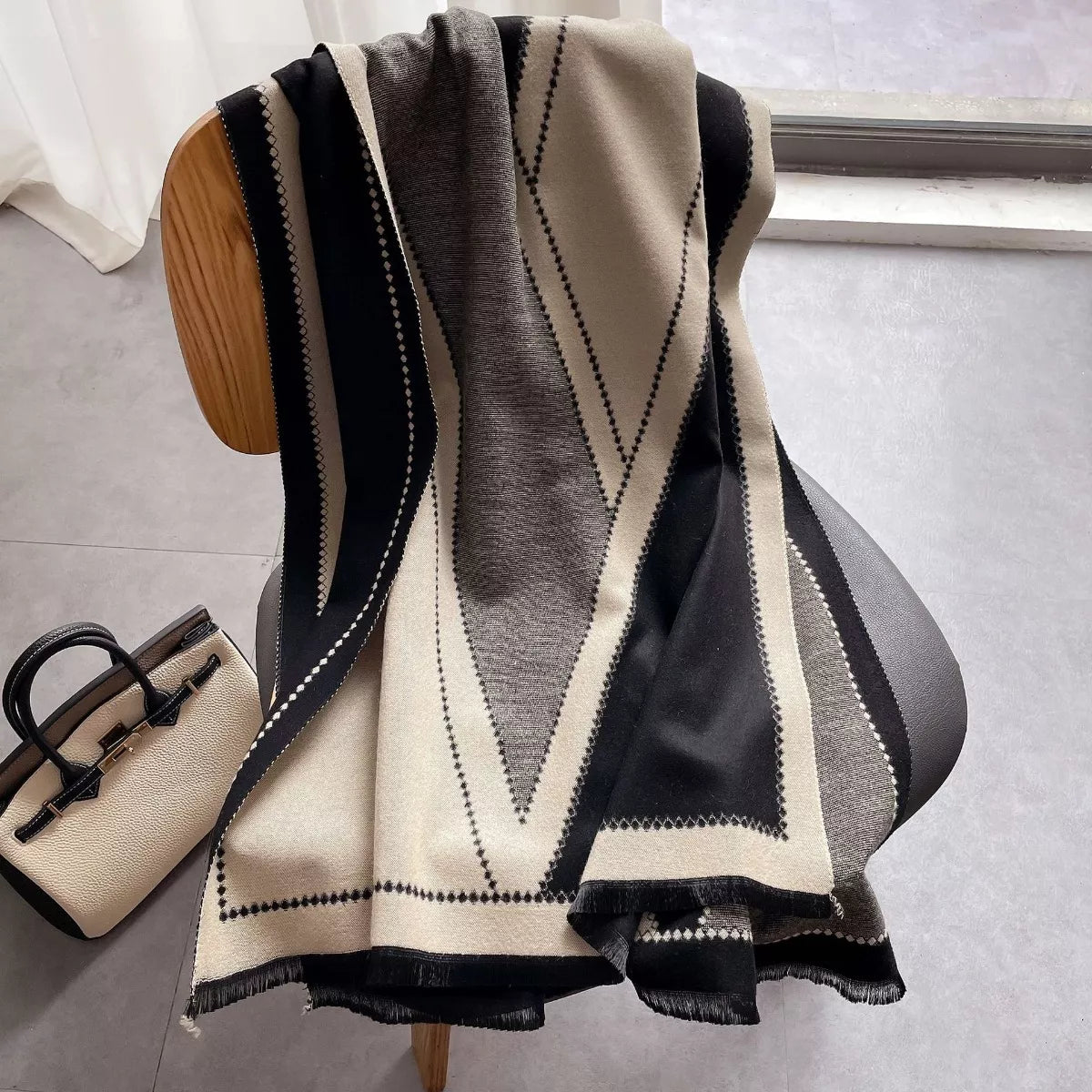 Cotton Contrast-Border Raw-Hem Scarf