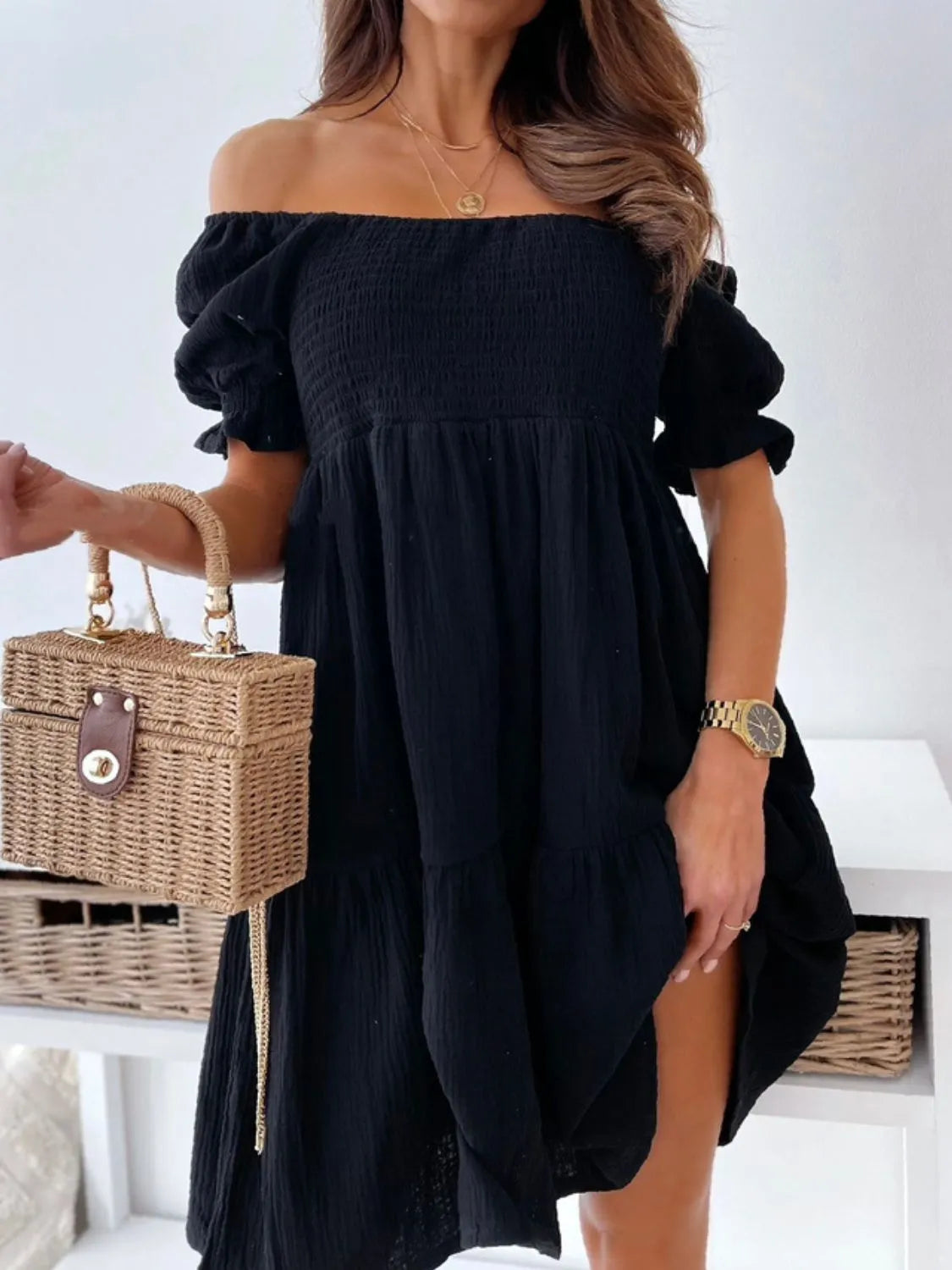 Smocked Off-Shoulder Short-Sleeve Mini Dress