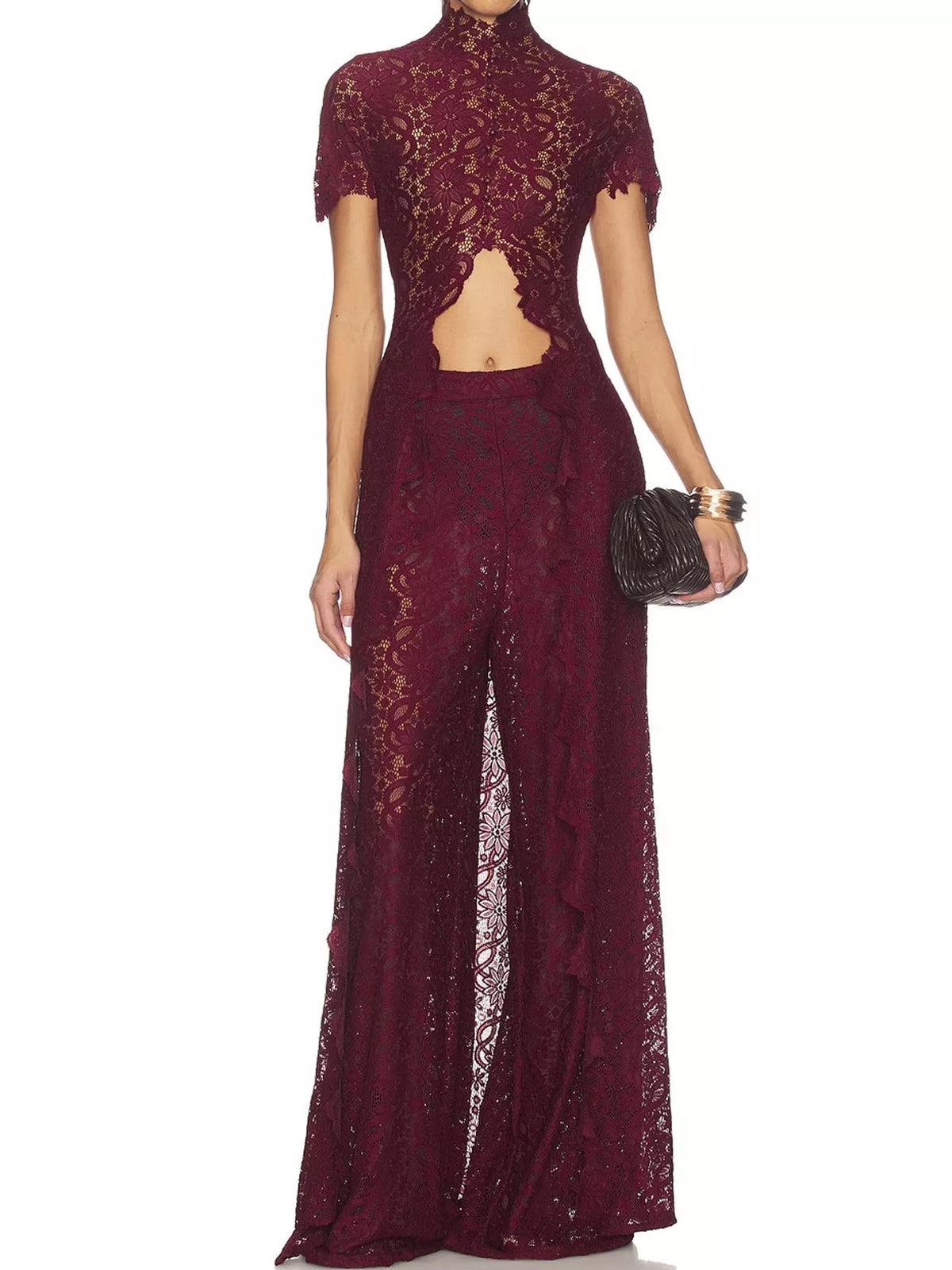 Elegant Lace Short Sleeve Top and Pants Set