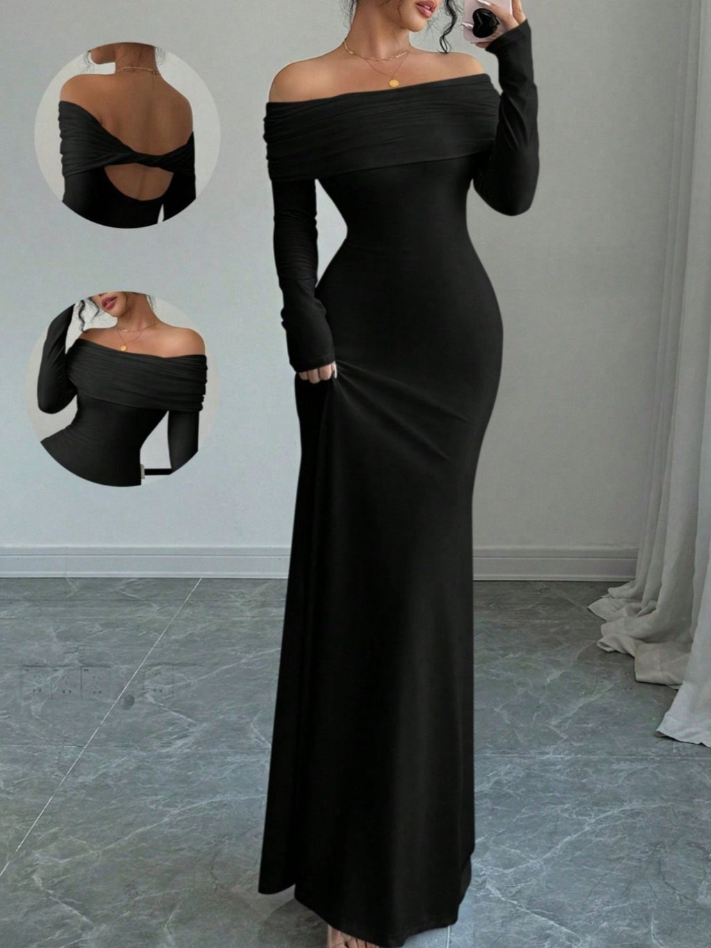 Off-Shoulder Long-Sleeve Maxi Dress