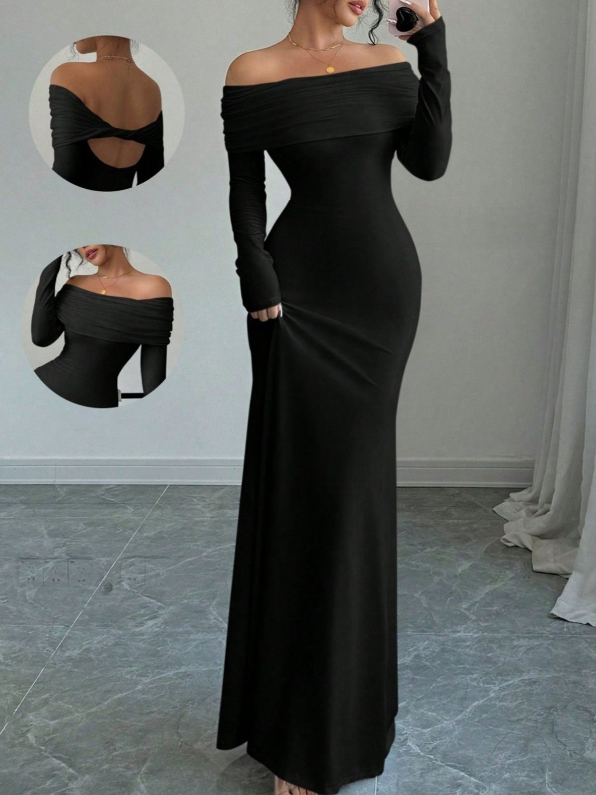 Off-Shoulder Long-Sleeve Maxi Dress