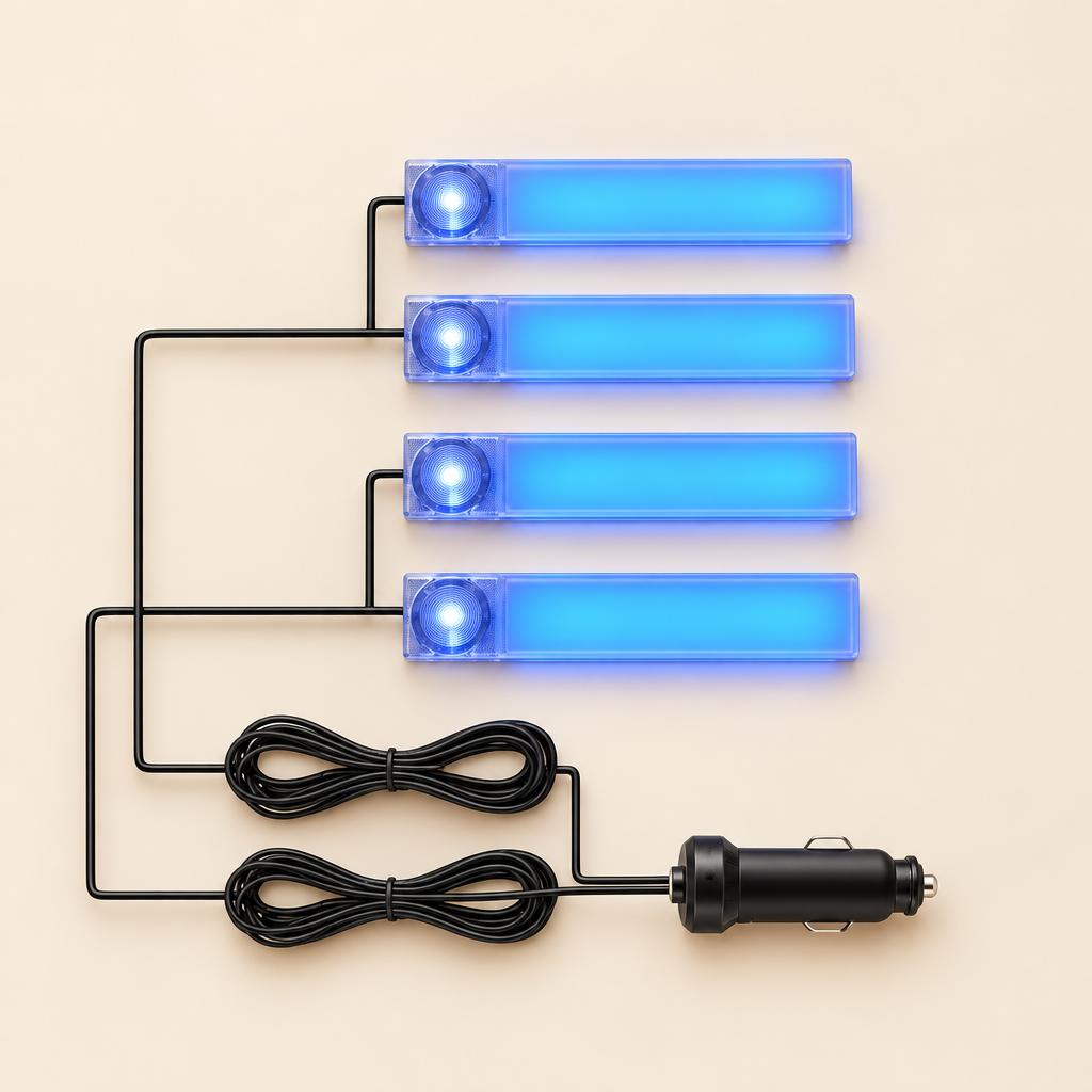 4Pcs Blue LED Car Interior Atmosphere Lights | DC 12V | 360° Adjustable | One-Button Control | Easy Install