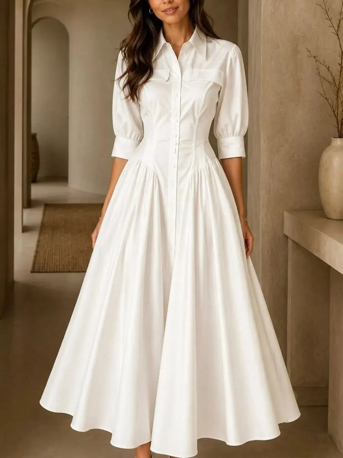 Collared Cinched-Waist Button-Front Midi Dress