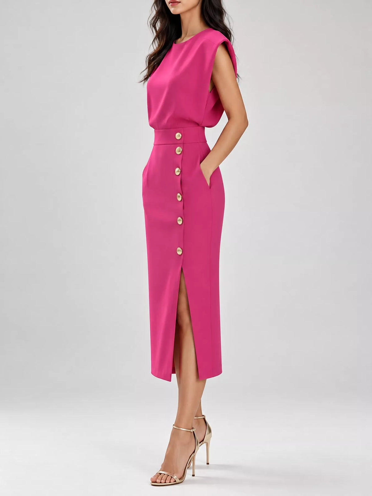 Sleeveless Gold-Tone Button-Detail Midi Dress