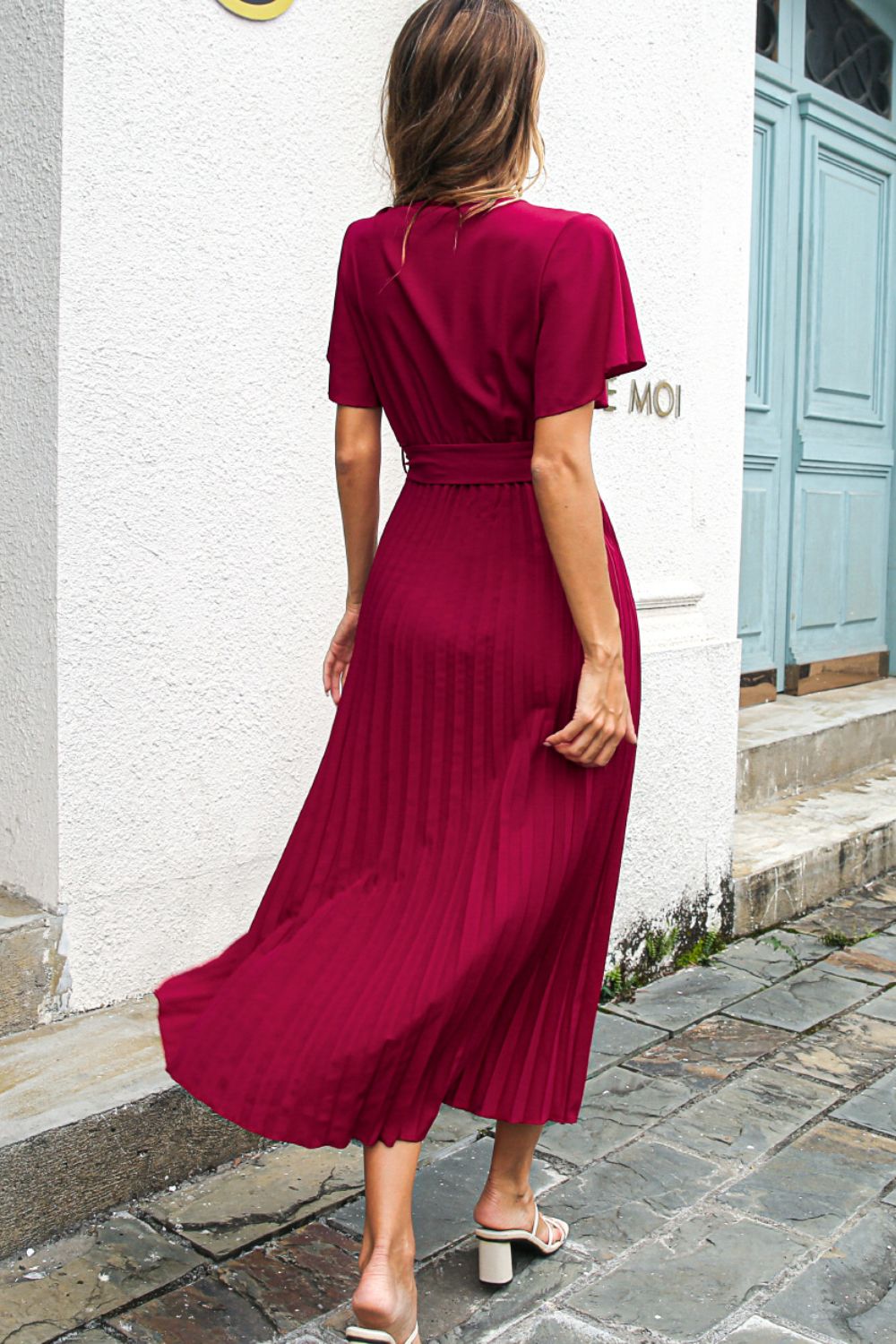Flutter-Sleeve Belted Surplice Midi Dress
