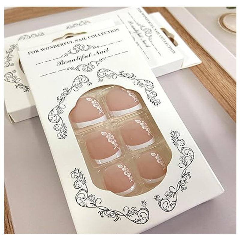 White Floral Press On Toenails — 24 PCS French Tip Short Square | Glue-On Fake Toe Nails for Women — Prime Trend Market