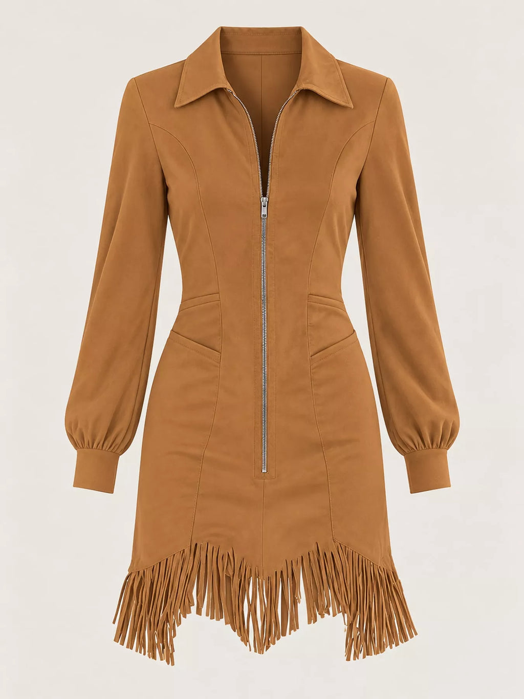 Zip-Front Long-Sleeve Fringe-Hem Mini Dress