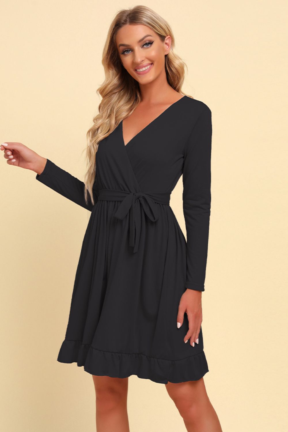 Surplice Long-Sleeve Tie-Waist Mini Dress