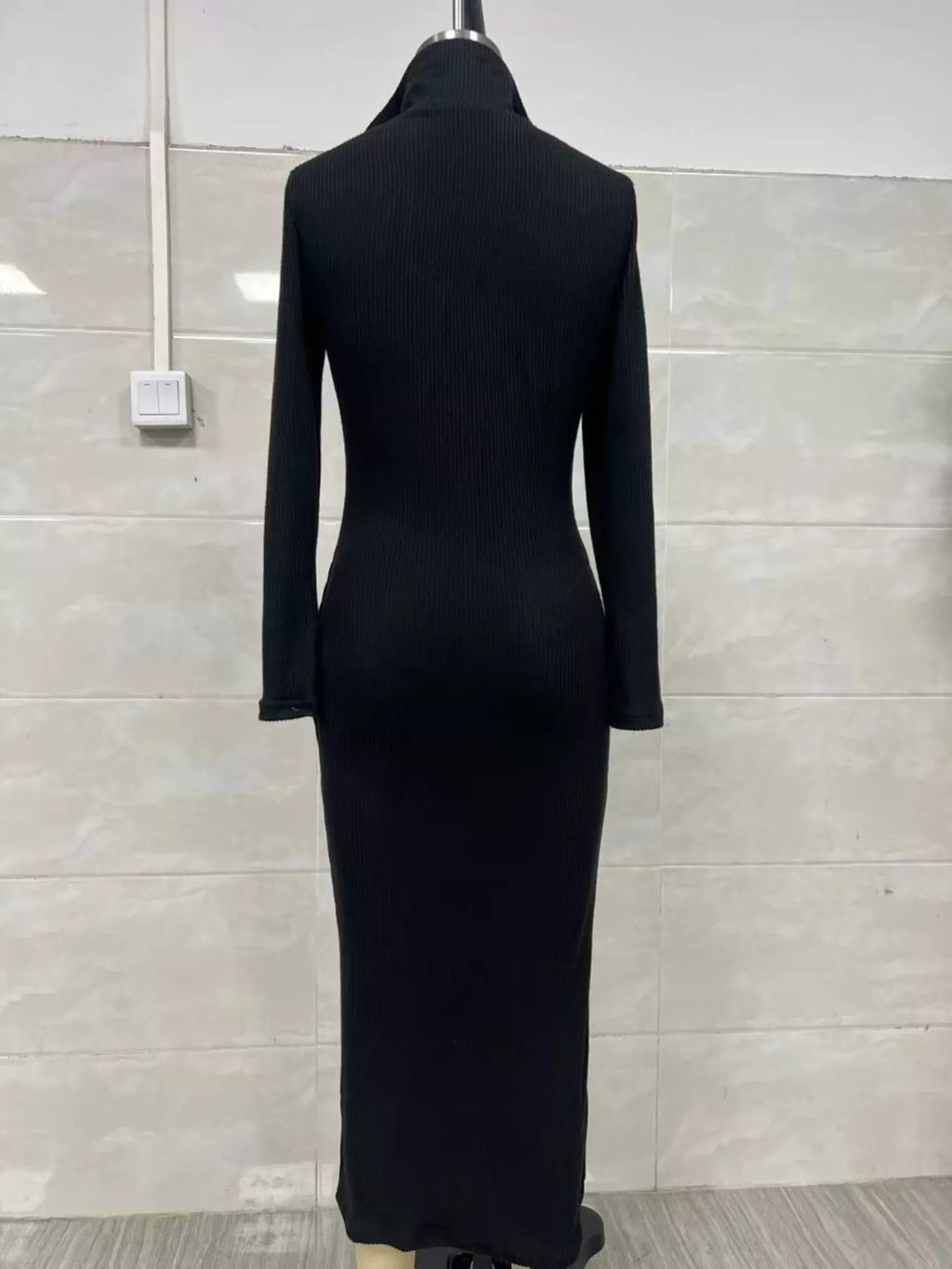 Ribbed V-Neck Long-Sleeve Sweater Midi Dress