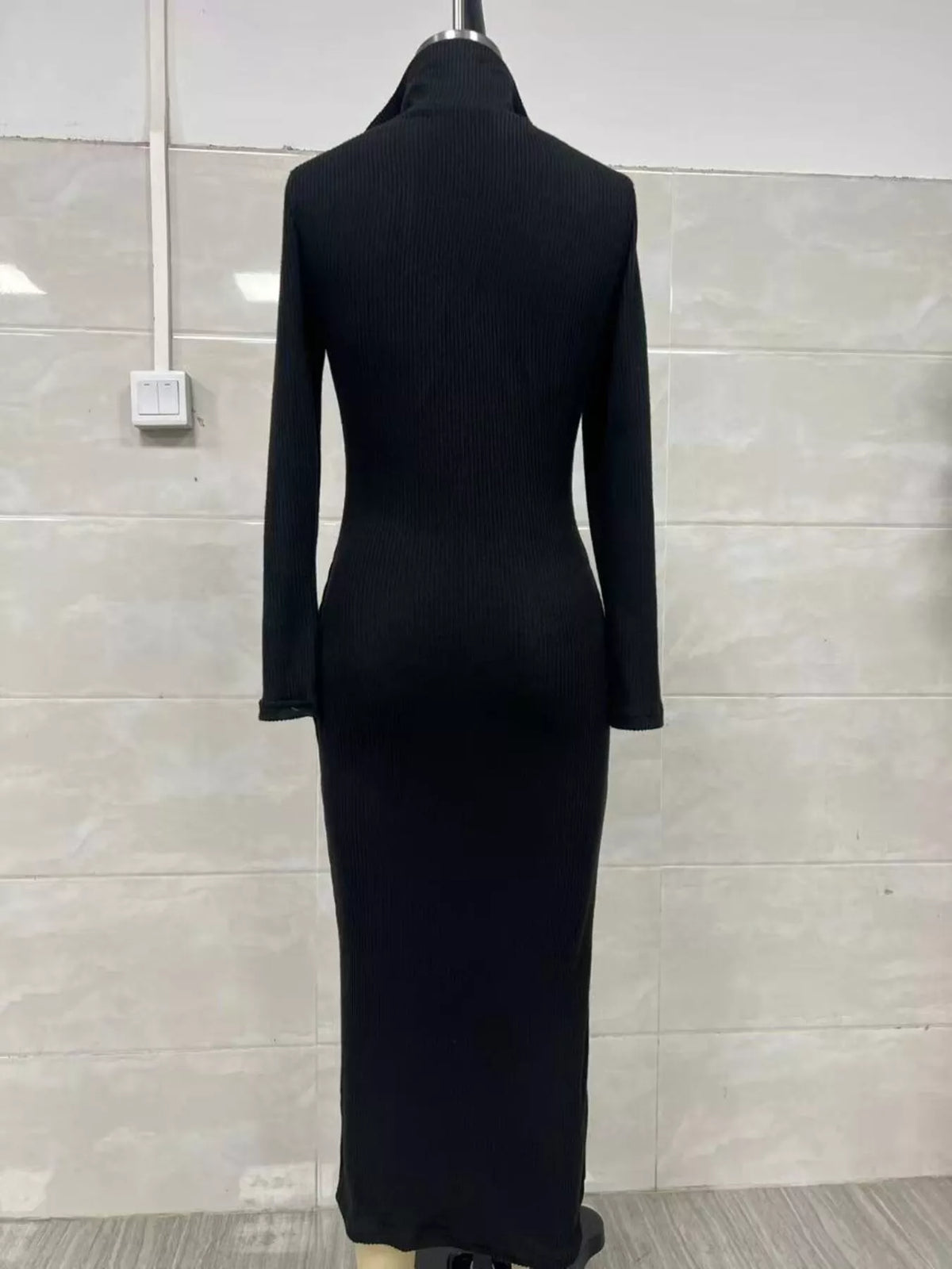 Ribbed V-Neck Long-Sleeve Sweater Midi Dress