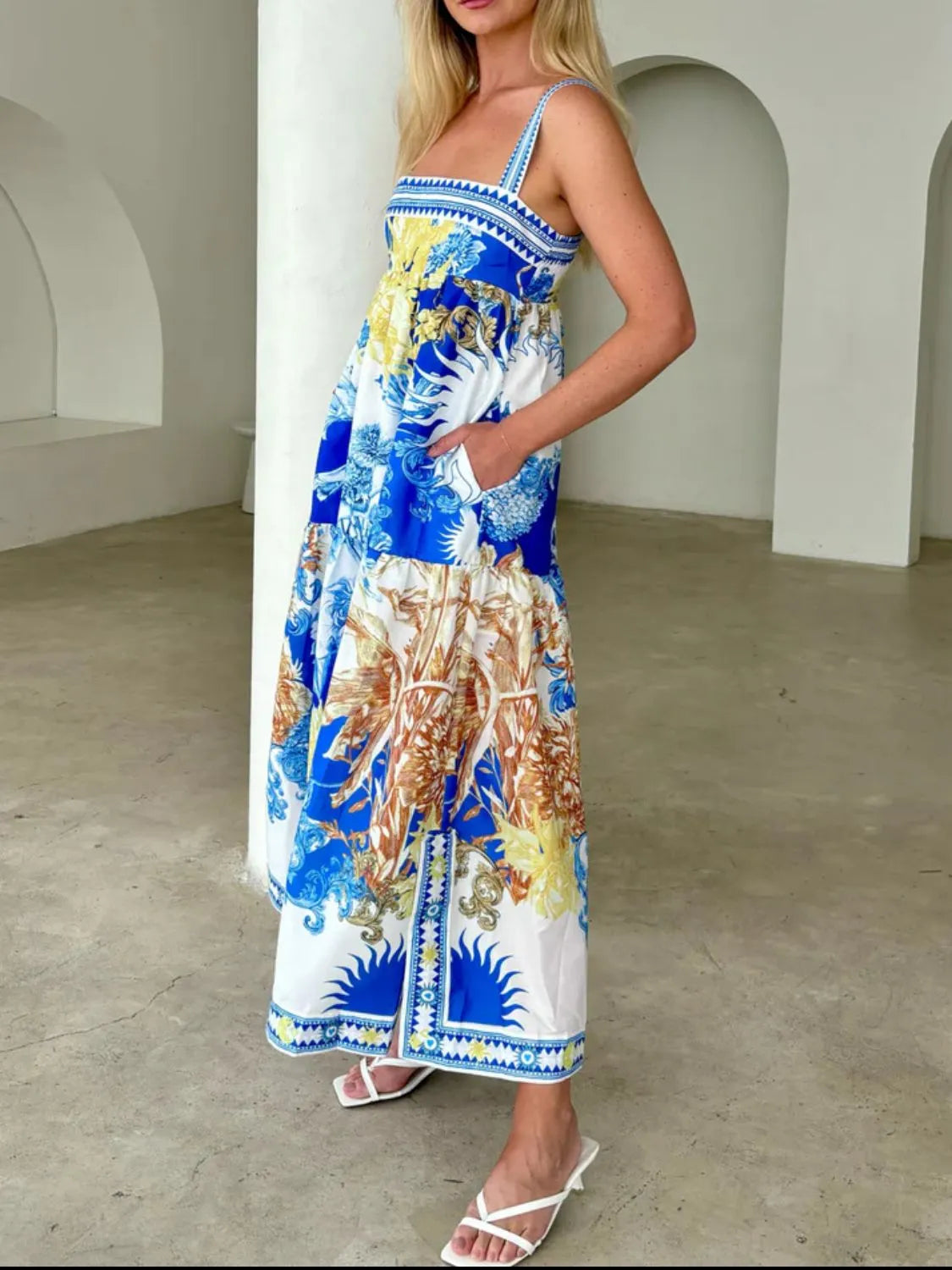 Blue Printed Sleeveless Cami Maxi Dress with Pockets