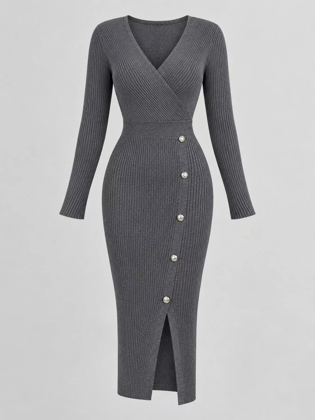 Ribbed Knit Sweater Dress with Decorative Buttons
