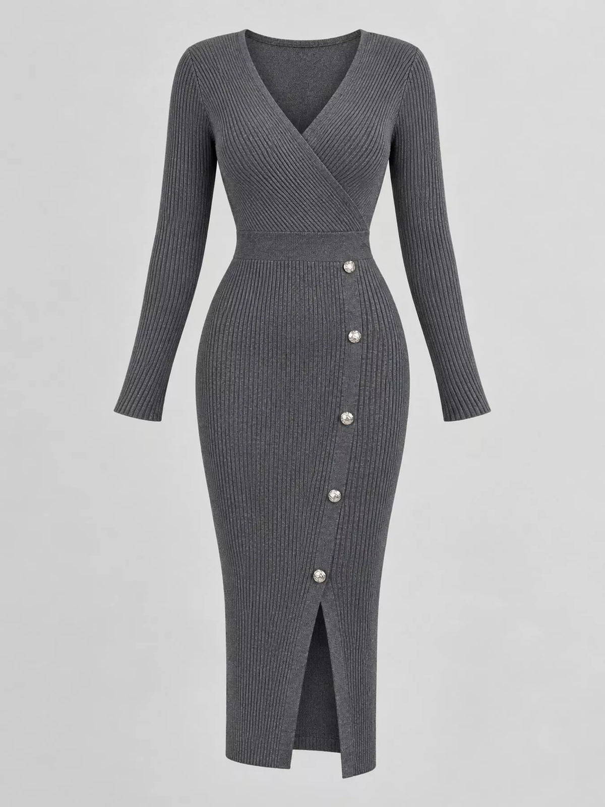 Ribbed Knit Sweater Dress with Decorative Buttons