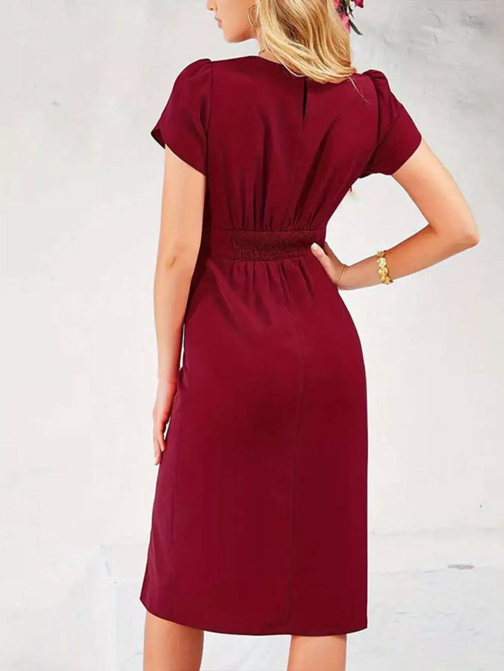 Burgundy Round-Neck Short-Sleeve Slit Midi Dress