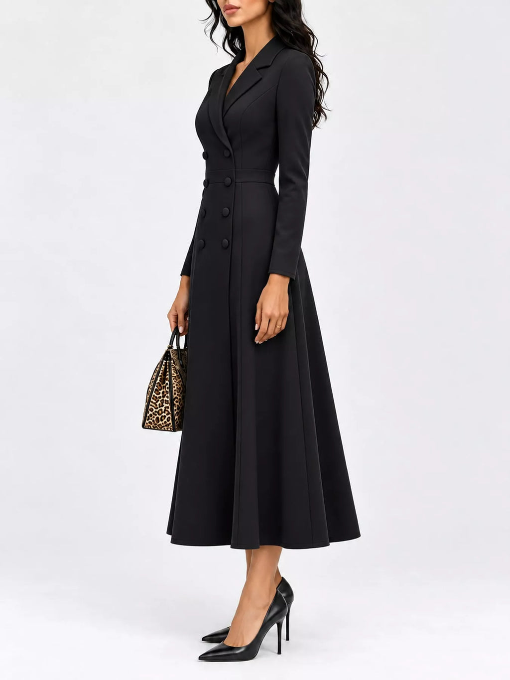Double-Breasted Lapel-Collar Long-Sleeve Midi Dress