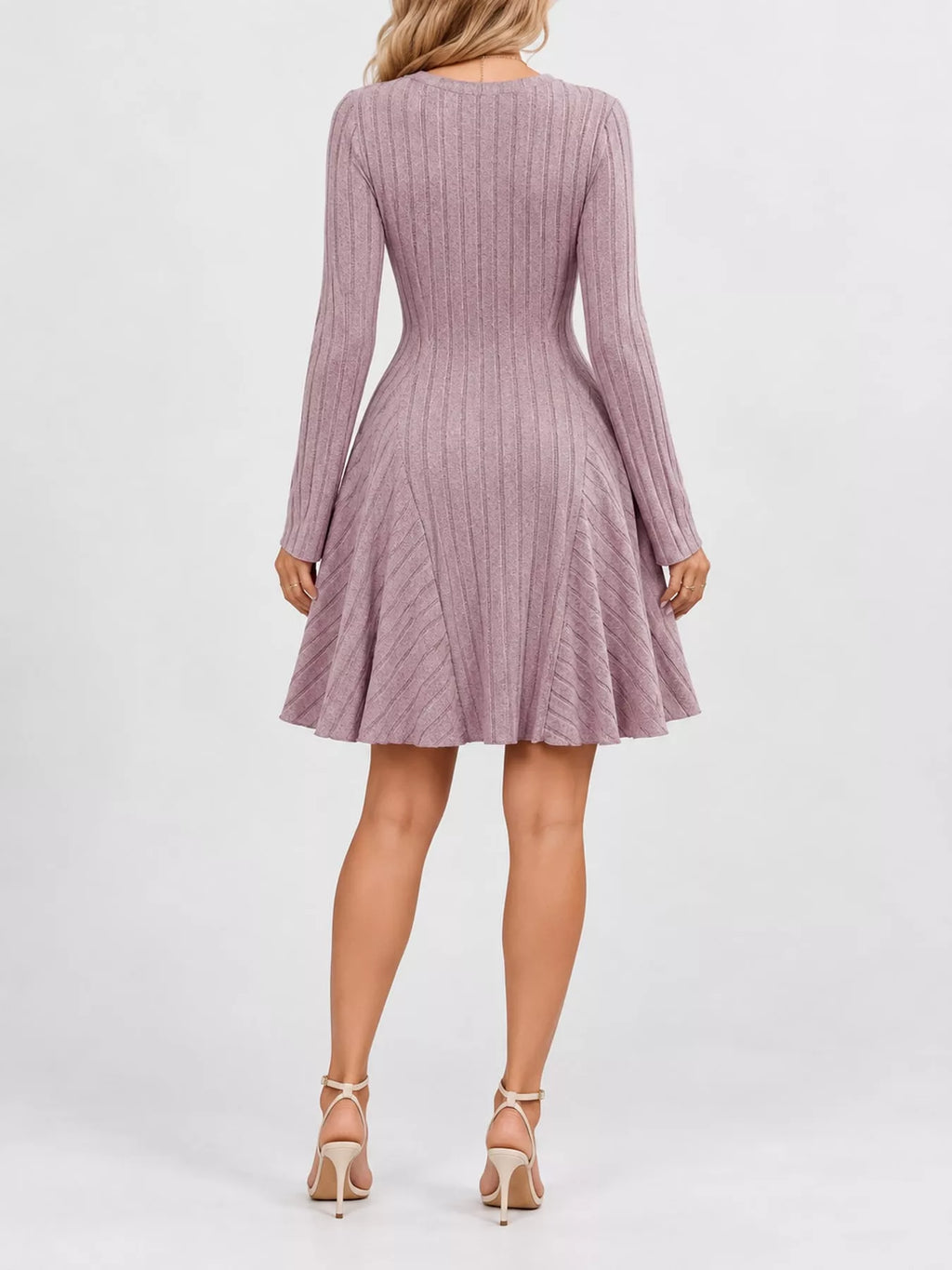 Long-Sleeve Ribbed Knit A-Line Mini Dress
