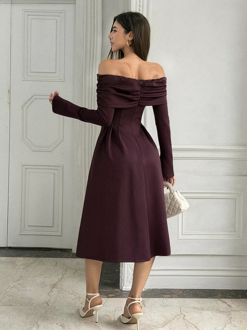 Off-Shoulder Long-Sleeve Midi Dress