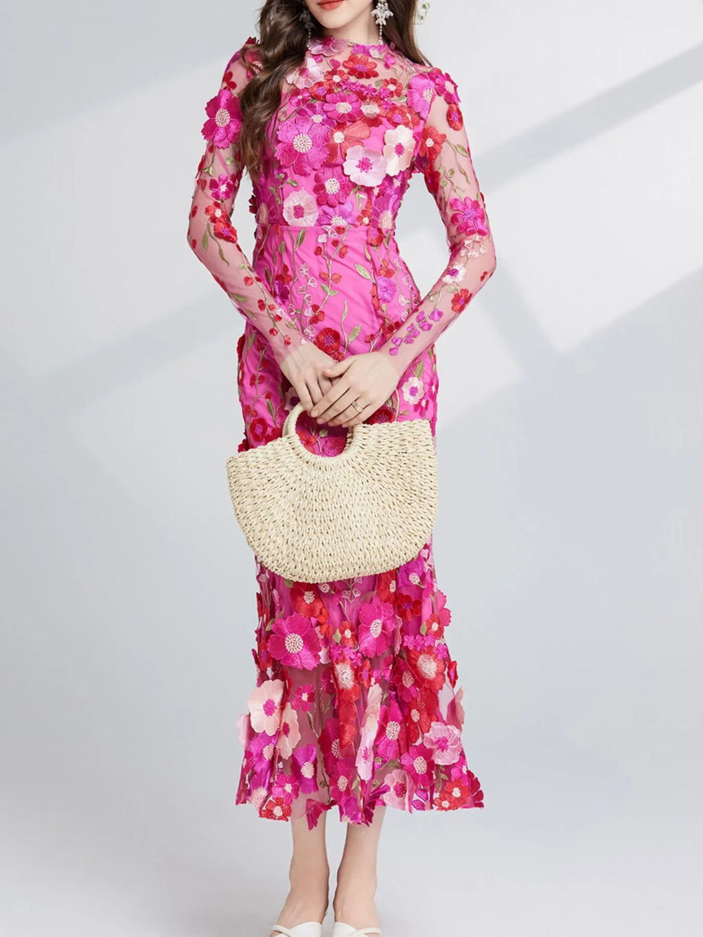 Floral-Embroidered Mesh Long-Sleeve Midi Dress