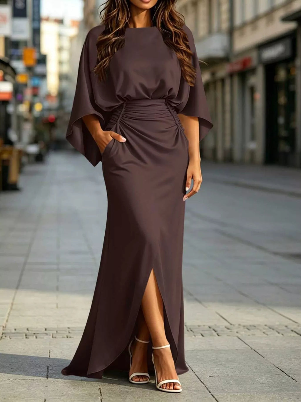 Ruched-Waist Draped-Sleeve Slit Maxi Dress with Pockets