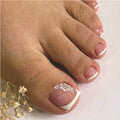 White Floral Press On Toenails — 24 PCS French Tip Short Square | Glue-On Fake Toe Nails for Women — Prime Trend Market