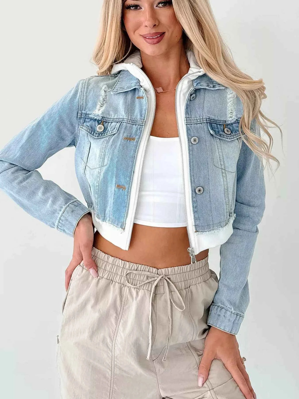 Cropped Hooded Denim Jacket