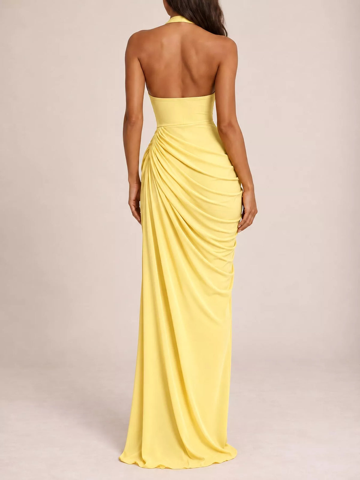 Halter-Neck Ruched High-Slit Maxi Evening Dress