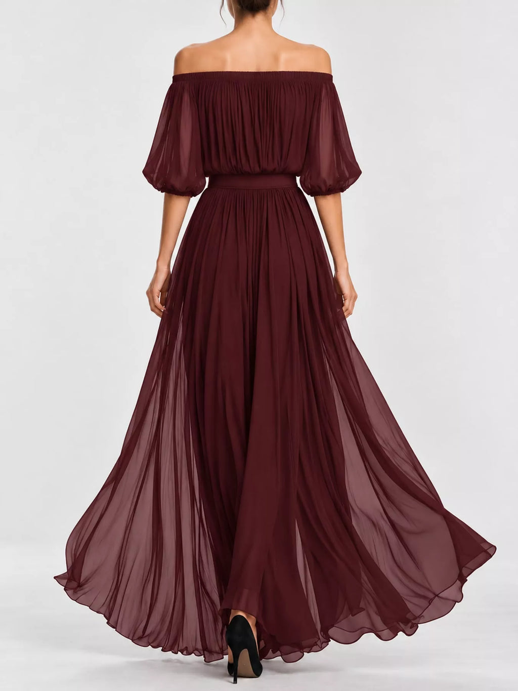 Off-Shoulder Ruched Chiffon Maxi Dress