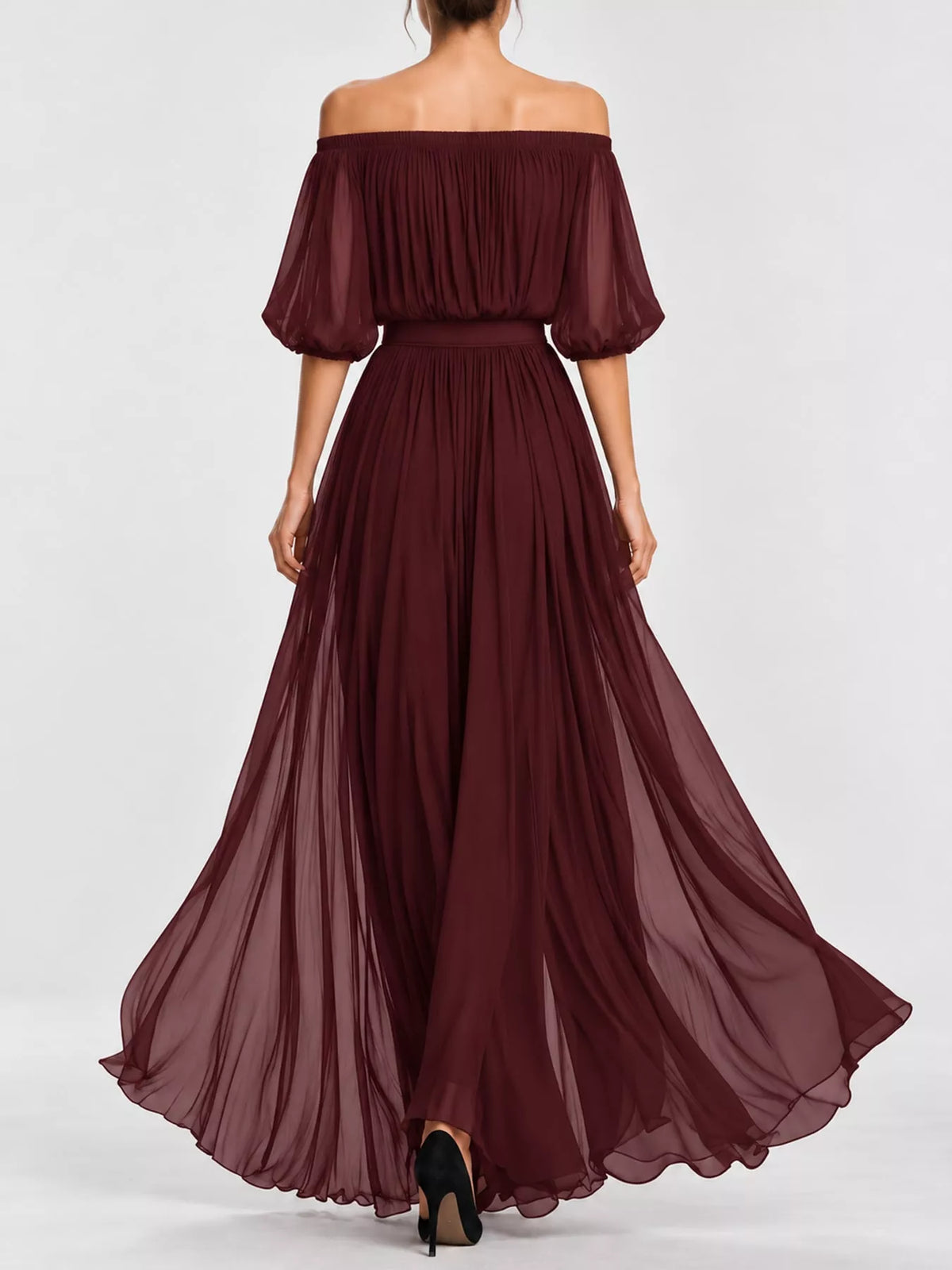 Off-Shoulder Ruched Chiffon Maxi Dress