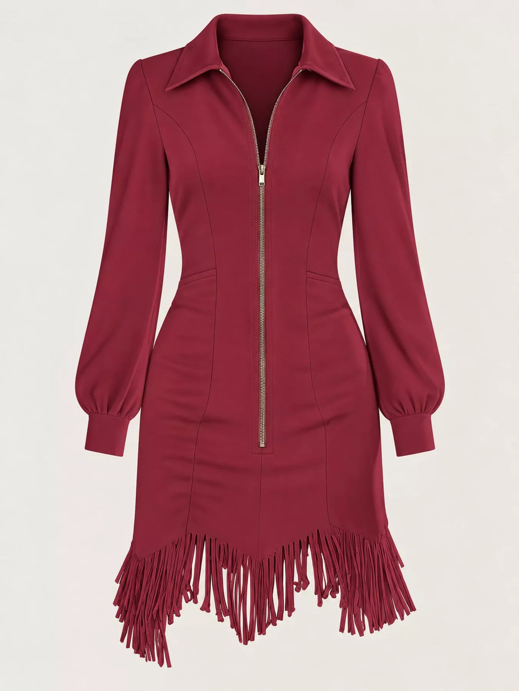 Zip-Front Long-Sleeve Fringe-Hem Mini Dress