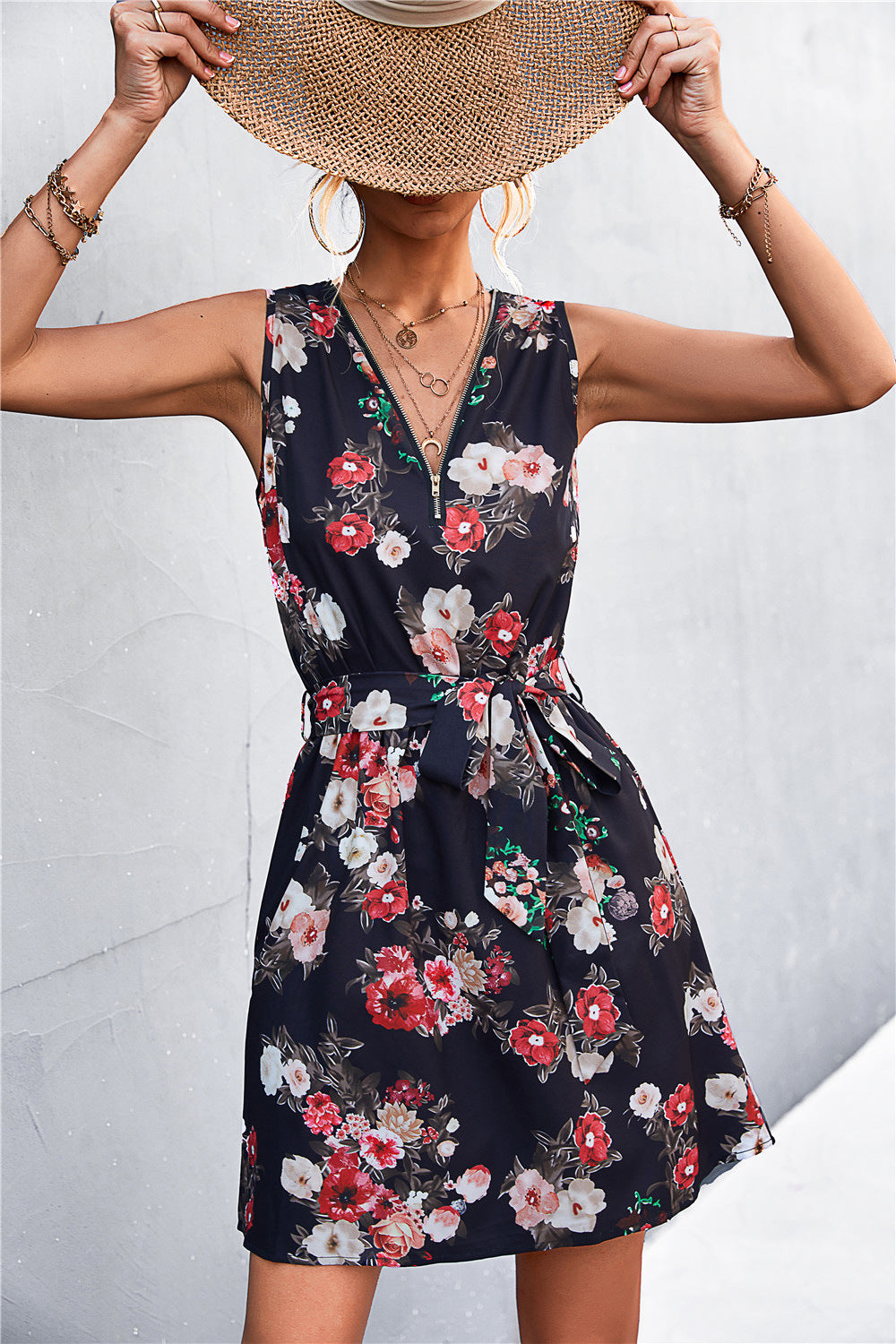 Printed Zip-Detail Belted Sleeveless Mini Dress