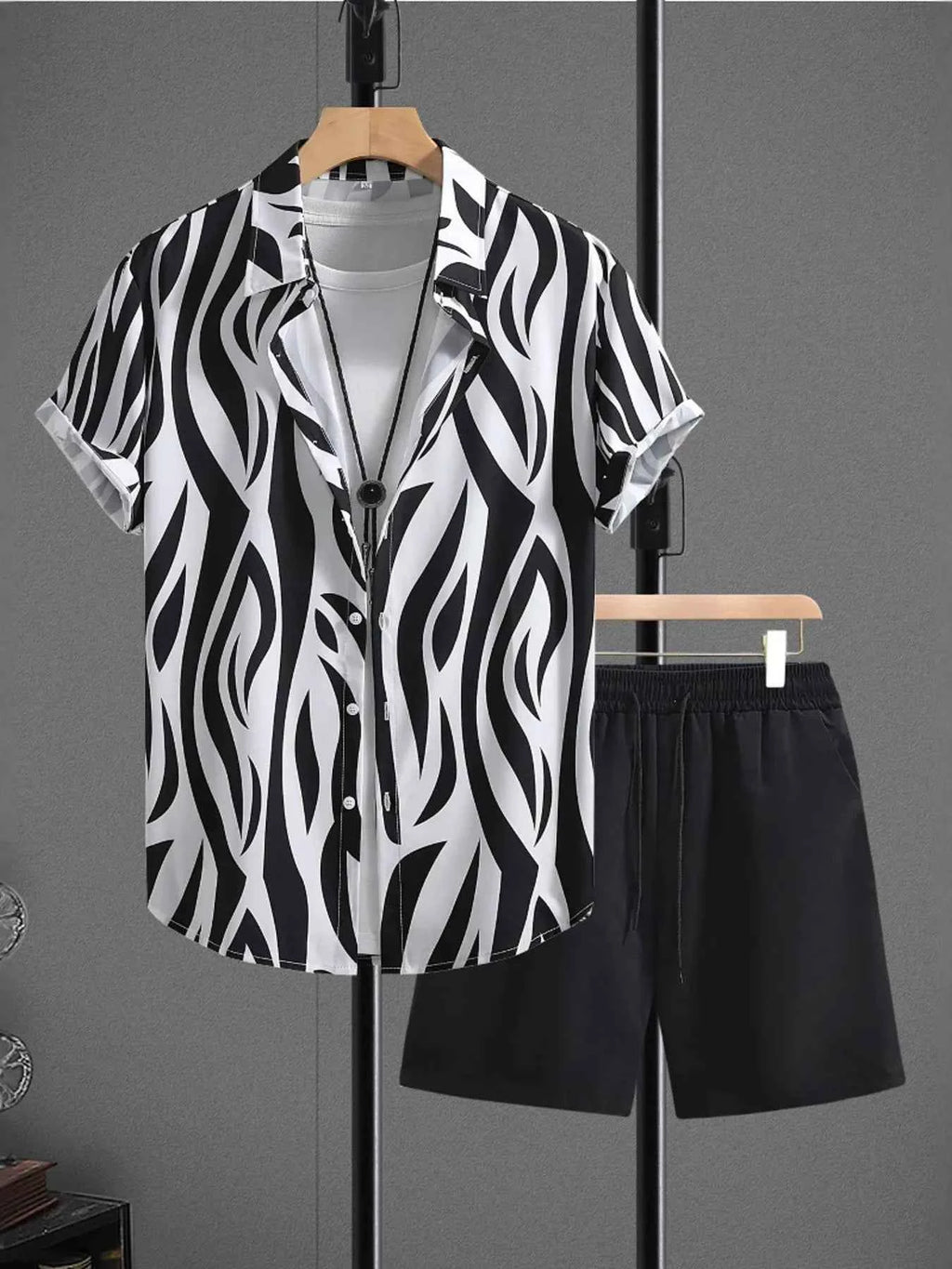 Men’s Zebra-Print Shirt & Black Shorts Set
