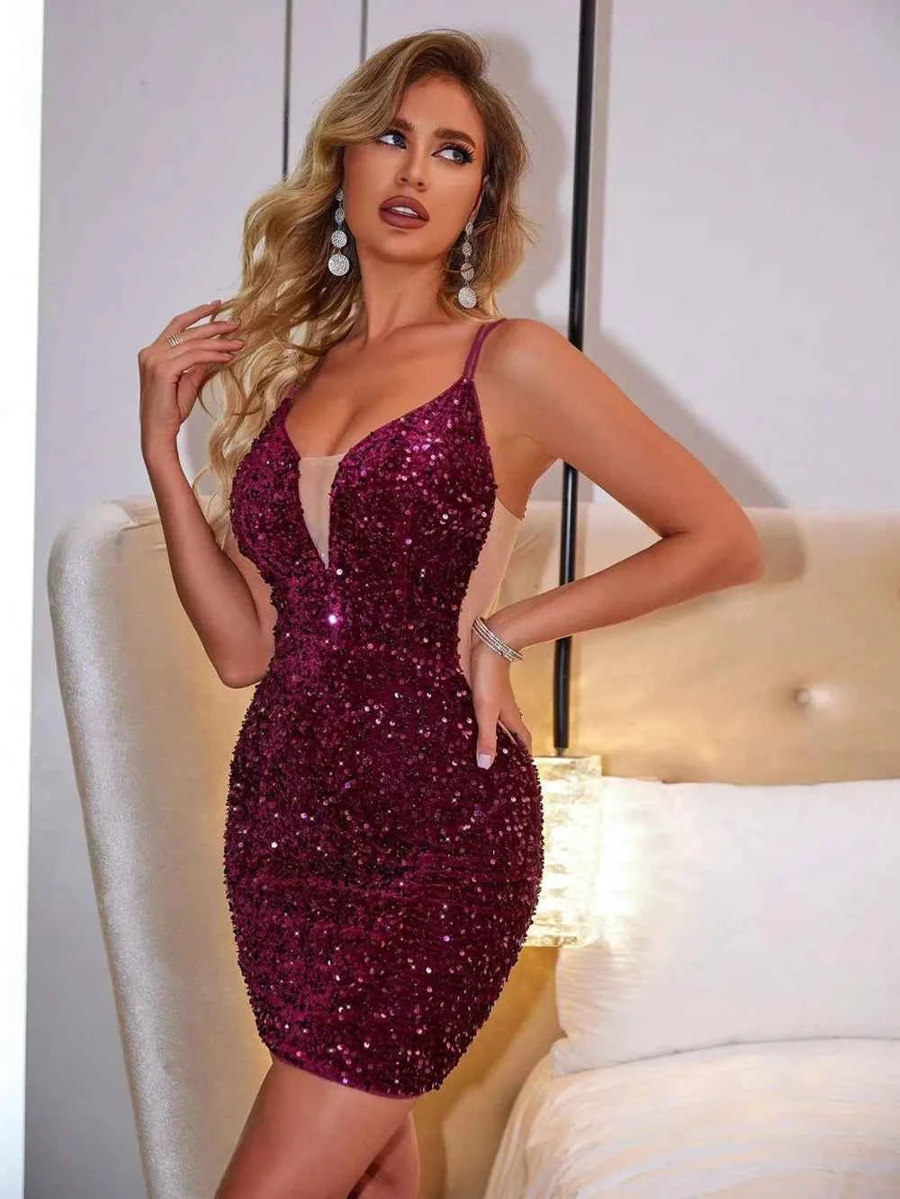 Burgundy Lace-Up Sequin Plunge Dress