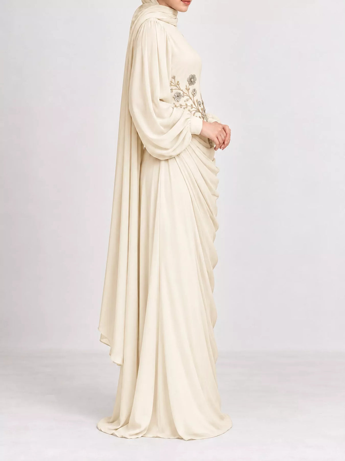 Floral-Embellished Long-Sleeve Ruched Evening Maxi Dress | S–3XL