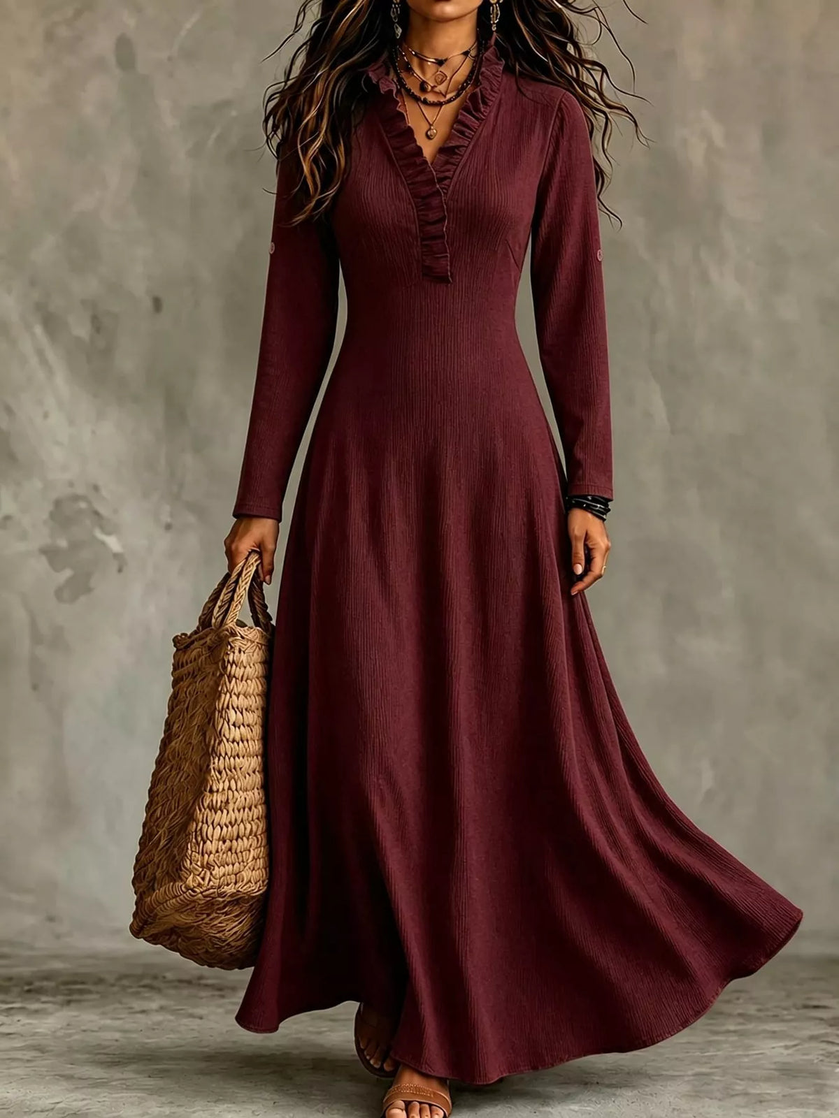 Frill V-Neck Roll-Tab Sleeve Maxi Dress, XS–3XL