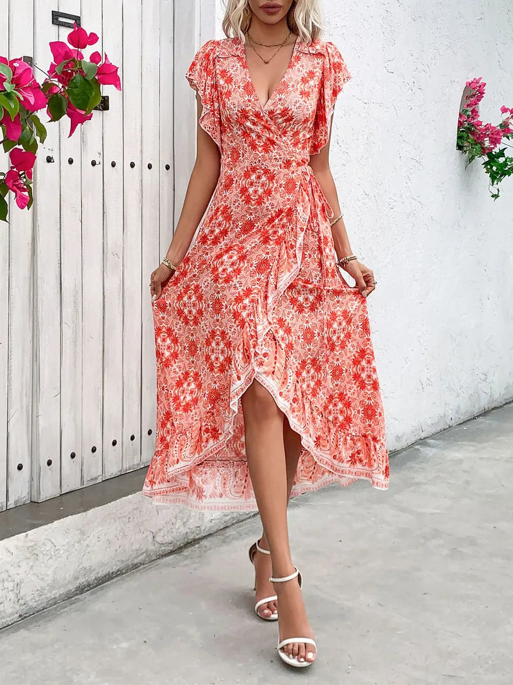 Perfee Coral Floral Ruffled High-Low Midi Dress