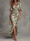 Floral Ruched High-Low Midi Dress