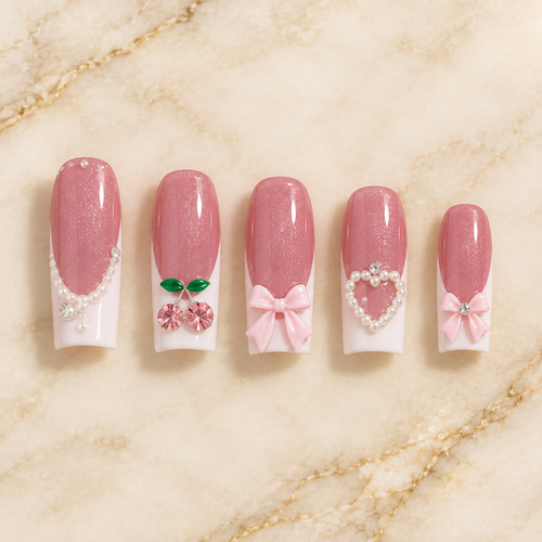 Cherry bow press-on nails
