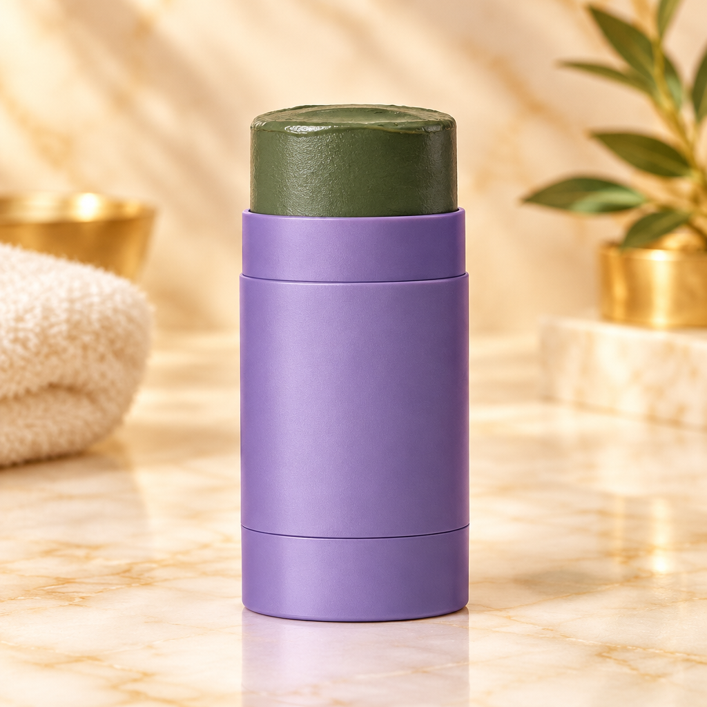 Clean studio image of the green tea and eggplant solid mud mask