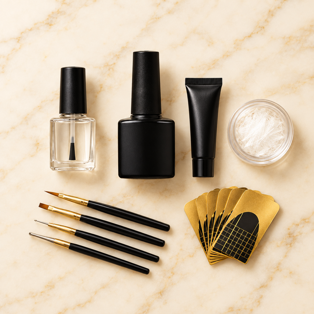 Clean studio image of the nail extension fiber gel set