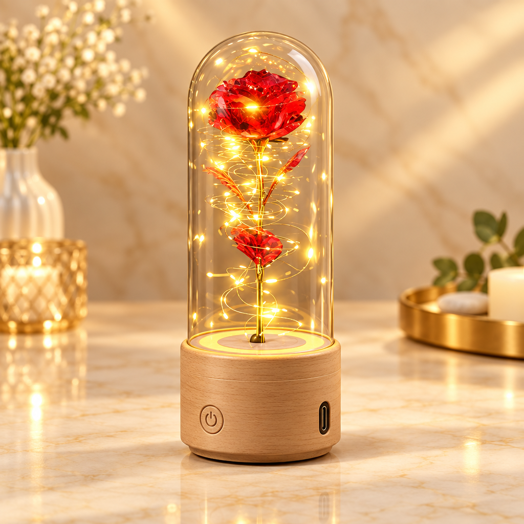 Clean studio image of the rose LED night light in a glass dome